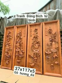 Bộ Tranh Đông Bích Tứ Bình Gỗ Hương Đá Tài Lộc