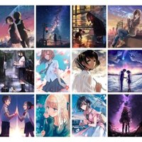 Bộ tranh sơn dầu 40x50cm tự làm họa tiết nhân vật Anime Your Name
