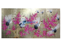 Bộ tranh sơn mài cò đào nền vàng bông tím MNV-TSM08