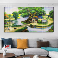 Bộ Tranh Treo Tường Đồng Quê Cây Đa Giếng Nước Sân Đình in UV Tráng Gương Cao Cấp Trang Trí nhà CỬa LÀm Quà Tặng Tân Gia