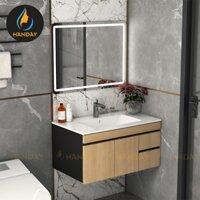 Bộ Tủ Lavabo Màu Vân Gỗ  Nhựa PVC Bồn Sứ Phủ Mặt 81x47x45cm Chống Nước Chống Mối Mọt Tuyệt Đối TH2381G  - Xưởng Sản Xuất Tủ lavabo PVC HANDAY