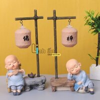 Bộ Tượng 2 3 4 Chú Tiểu Áo Xanh Lam Yêu Đời -  Tượng Trang Trí Chú Tiểu Mini Quét Rác Xách Nước Decor - Bộ Tượng Cầu An