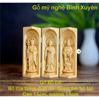 Bộ tượng Địa tạng bồ tát- Phật a di đà- Quan thế âm bồ tát, bộ tượng cầu bình an, cao 15cm, gỗ BỒ ĐỀ