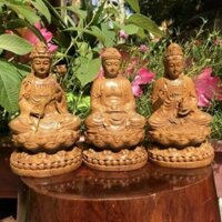 Bộ tượng gỗ bách xanh tây phương tam thánh phật và ta bà tam thánh phật gồm phật adi đà,quán thế âm,đạt thế chí,địa tạng