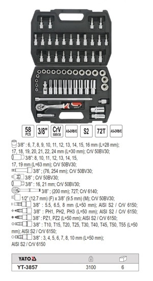 Bộ tuýp tay vặn tổng hợp 3/8 inch Yato 58 chi tiết YT-3857