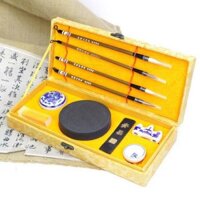 Bộ văn phòng tứ bảo luyện viết thư pháp gồm Bút lông, Nghiên mực tàu, mực mài, triện mộc thư pháp