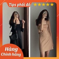 Bộ váy 2 dây áo khoác dài, tay set đầm nữ dáng ngắn, kèm áo cardigan mỏng, 2 màu
