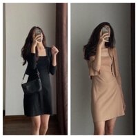 Bộ Váy 2 Dây Áo Khoác Dài Tay Sét  Đầm Nữ Dáng Ngắn Kèm Áo cardigan Mỏng 2 Màu Q033