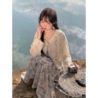 Bộ váy áo khoác ren nhẹ nhàng mùa hè,váy nữ đi biển,du lịch,cô gái nhỏ,đầm 2 dây phối áo nữ,thời trang Xuân Hạ