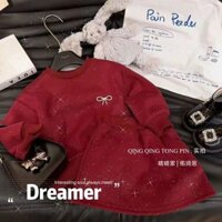 Bộ Váy Áo Len Lông Cừu Đỏ Bé Gái Mùa Đông 2024 Mới