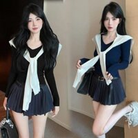Bộ Váy Hot Girl Áo Nữ Cổ Chữ V Thời Trang Mẫu Mới Mùa Thu, Khăn Choàng, Quần Váy Ngắn Xếp Ly, Bộ Ba Chiếc