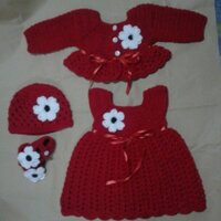 Bộ váy mũ giày đỏ đô ( hoa trắng)