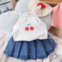 Bộ váy ngắn cho bé gái 1-5 tuổi , áo dây cổ yếm cherry trắng và chân váy bò xếp li BB22