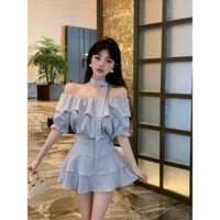 Bộ Váy Ngọt Ngào Khí Chất Lá Sen Áo Một Cổ Hở Vai Váy Ngắn Cạp Cao Bộ Hai Chiếc Váy Nữ Thuần Khiết