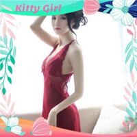 Bộ Váy Ngủ Xuyên Thấu Phối Ren Ngực Xẻ Sâu Kèm Quần Chip Lọt Khe Sexy VN11