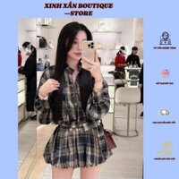 Bộ Váy Nữ Áo Sơ Mi Dài Tay Caro Kẻ Sọc Trắng Xanh Kết Hợp Váy Ngắn Thắt Nơ – Set Đồ Nữ Thanh Lịch, Trẻ Trung, Dễ Thương