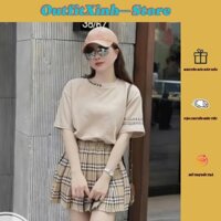 Bộ Váy Nữ Áo Thun Ngắn Tay Phối Viền + Chân Váy Caro Xếp Ly – Phong Cách Trẻ Trung, Năng Động