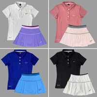Bộ Váy Tennis, Cầu Lông, Pickleball, Golf Dáng Váy Xếp Ly 2 Lớp VXL01 Kèm Áo Cổ Trụ NK Logo Thêu Cao Cấp Vải Thun