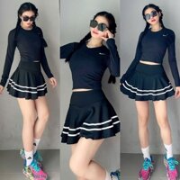 Bộ Váy Thể Thao Nữ, Áo Tay Dài Chân Váy Hai Lớp Xếp Ly Tập Gym, Pickleball, Tennis, Chạy Bộ Cao Cấp