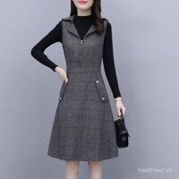 Bộ váy vest nữ không tay tôn dáng gầy LEN/váy chữ A kẻ sọc mùa thu đông dáng dài vừa váy một mảnh mặc bên ngoài