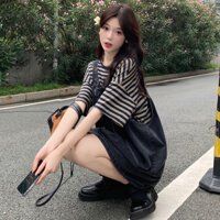 Bộ Váy Yếm Denim+Áo Phông Kẻ Sọc Ngọt Ngào Mẫu Mới Mùa Hè Cho Nữ- Hàng Order