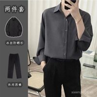 Bộ vest nam phong cách Hàn Quốc INS, áo sơ mi dài tay bằng lụa băng thanh lịch, phong cách mùa hè mỏng đẹp cho nam, áo chống nắng mát mẻ