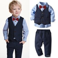 Bộ vest trang trọng cho bé trai, áo vest quý ông, quần dài, áo sơ mi sọc, áo cardigan, bộ bốn món quý ông Anh