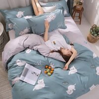 Bộ Vỏ Chăn Ga Gối Cotton Poly Mèo Trắng Phối Nền Xanh