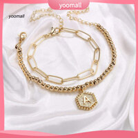 Bộ vòng tay đính cườm trang sức vàng YO / Bộ 2 vòng tay bằng thép không gỉ với mặt dây chuyền chữ hình học có thể điều chỉnh Dây đeo cổ tay có thể xếp chồng lên nhau cho nữ Trang sức thời trang và hợp thời trang