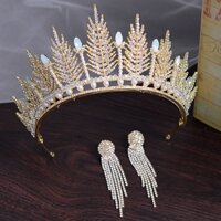 Bộ vương miện và khuyên tai đính đá pha lê sáng bóng phong cách công chúa thời trang cho nữ