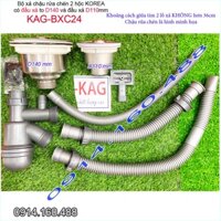 Bộ xả chậu rửa chén 1 hộc lớn 1 hộc nhỏ KAG-BXC24, trọn bộ xả bồn rửa chén bát 2 hộc lệch D110-D140 thoát nhanh sử d