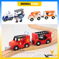 BỘ XE 2 TOA CỨU THƯƠNG - CỨU HỎA - CẢNH SÁT CÓ NHẠC ĐÈN - xe chơi được trên đường ray xe lửa gỗ