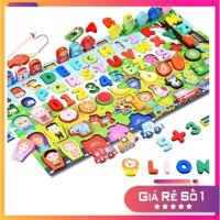 Bộ xếp hình gỗ khối giáo dục Montessori 8in1- câu cá, nghề nghiệp, chữ, số, con vật, hoa quả, phương tiện, gia đình