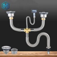 Bộ xi phông, bộ ống xả dùng cho chậu rửa bát 2 hố Inox 304 với khớp nối bằng đồng siêu bền bỉ, có chống hôi và ngăn rác