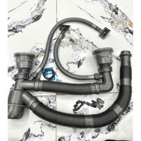 Bộ xi phông, ống xả thoát nước 55mm chậu rửa bát 2 hố nhựa xám cao cấp 110mm xả nước bồn rửa-Ống xả lớn thoát nước nhanh