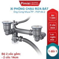 Bộ Xi Phông Xả Thải Bồn Rửa Chén Bát 2 Hố Phi 140 Pimisi PXP-84-2 Nhựa Cứng Không Đọng Nước Có Thoát Tràn | Chính Hãng