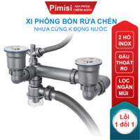 Bộ Xi Phông Xả Thải Bồn Rửa Chén Bát 2 Hố Phi 110-140 Pimisi Cao Cấp - Loại Ống Thải Nhựa Cứng Không Đọng Nước - Cốc Inox 304, Lọc Rác, Bầu Chống Mùi Hôi Và Giảm Dầu Mỡ Ống Dẫn - Có Thoát Tràn  Hàng Chính Hãng - Bộ 2 cốc 11cm