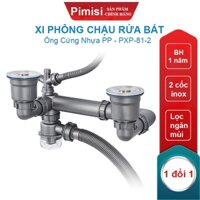 Bộ Xi Phông Xả Thải Bồn Rửa Chén Bát 2 Hố Phi 110 Pimisi PXP-81-2 Nhựa Cứng Không Đọng Nước Có Thoát Tràn | Chính Hãng