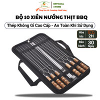 Bộ Xiên Nướng Thịt Inox  Không Gỉ Cán Gỗ Cao Cấp Có Túi Đựng Chuyên Dùng Cho Dã Ngoại, Camping