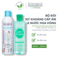 Bộ Xịt Khoáng Evoluderm dưỡng ẩm cấp nước 400ml và Nước Hoa Hồng cho da hỗn hợp dầu mụn 250ml