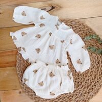 Bộ xô gấu áo dài tay quần bí kèm mũ bonet cho bé