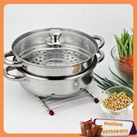 Bộ Xửng Hấp Inox 28Cm - Nồi Hấp Đa Năng 2 Tầng Cao Cấp Nắp Kính - Hàng Loại 1