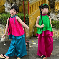 Bộ Yếm Trung Thu Cho Bé Gái TẶNG Kèm Bờm Nhún Lụa (10-26kg) Thiết Kế Cổ Tàu Chất Liệu Lụa Gấm Vân Hoa - CHICKBONG