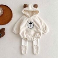 Body Chip Lông Cừu Cho Bé, Bodysuit Dài Tay Bé Trai Bé Gái Hình Gấu Liền Mũ Ấm Áp Mền Mịn Có Size từ 3-12kg