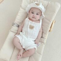 [Body + Mũ] Bodysuit hai dây kèm mũ nón vải xô muslin Áo liền quần cho bé trai bé gái bé sơ sinh Body mũ gấu SLH194