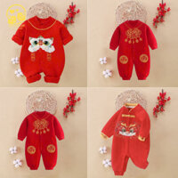 Body Tết Trần Bông Đỏ 3 Lớp ấm áp Cho Bé, Bodysuit Tết May Mắn Cho Bé Trai Bé Gái, Quần Áo Trẻ Em 3-12kg