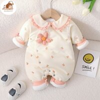 Body trần bông, Bodysuit liền thân dài tay cài giữa 3 lớp dày ấm cho bé gái sơ sinh Hàng Quảng Châu