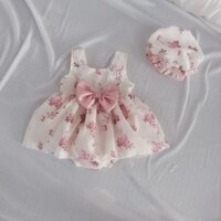 Body Váy Hoa Nhí Hồng Nền Kem Kèm mũ Cho Bé Gái Từ 3-11kg, Bodysuit, Đồ Liền Thân, Mặc Đầy Tháng, Thôi Nôi, Đi Tiệc