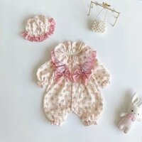 Body Xô Kem Hoa Hồng Cổ Bèo Đính 2 Nơ Kèm Mũ Cho Bé Gái 3-12kg