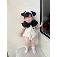 Body Xô Muslin Cổ Đen Hoạ Tiết Trái Tim Tặng Kèm Mũ Cho Bé Gái Từ 3kg Đến 13kg, Bodysuit, Đồ Liền Thân